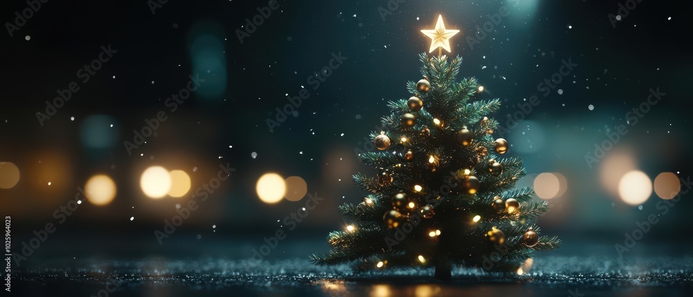 Naklejka premium Festive Christmas tree with lights and star on top, surrounded by bokeh effect and snowfall.