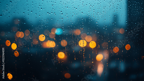 Blurred Cityscape Through Raindrops On Glass During A Rainy Evening photo