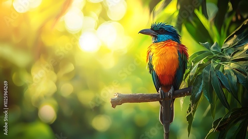 Colorful bird perched on a branch surrounded by greenery. photo