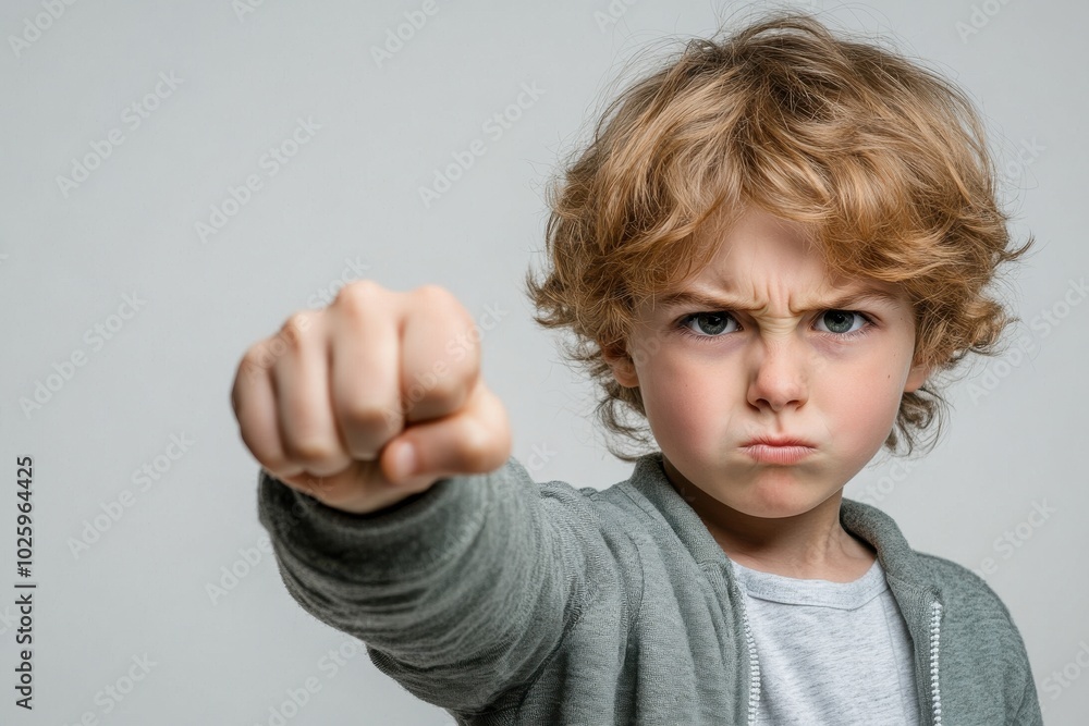 Angry young boy with clenched fist forward Angry young boy with clenched fist forward