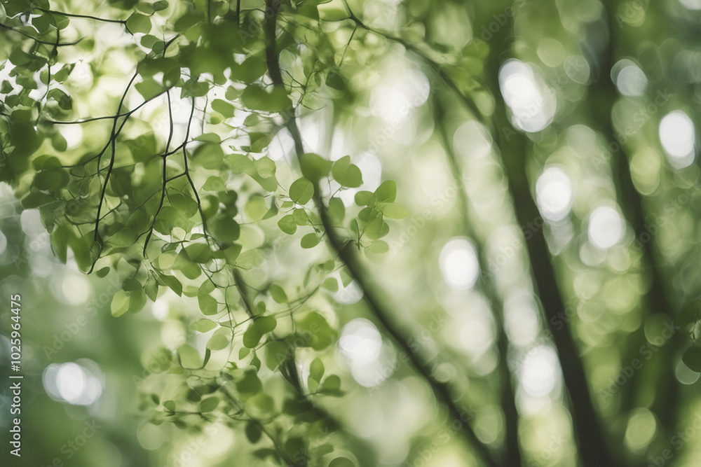 Lush green leaves reflecting sunlight in a serene forest during a calm summer day Lush green leaves reflecting sunlight in a serene forest during a calm summer day
