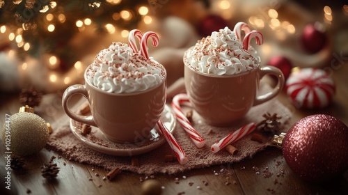 Holiday mugs with whipped cream and candy canes on a wooden table