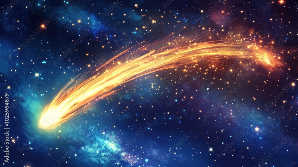 Obraz premium A bright shooting star streaking across the night sky, with a detailed tail of light trailing behind, among a backdrop of twinkling stars.