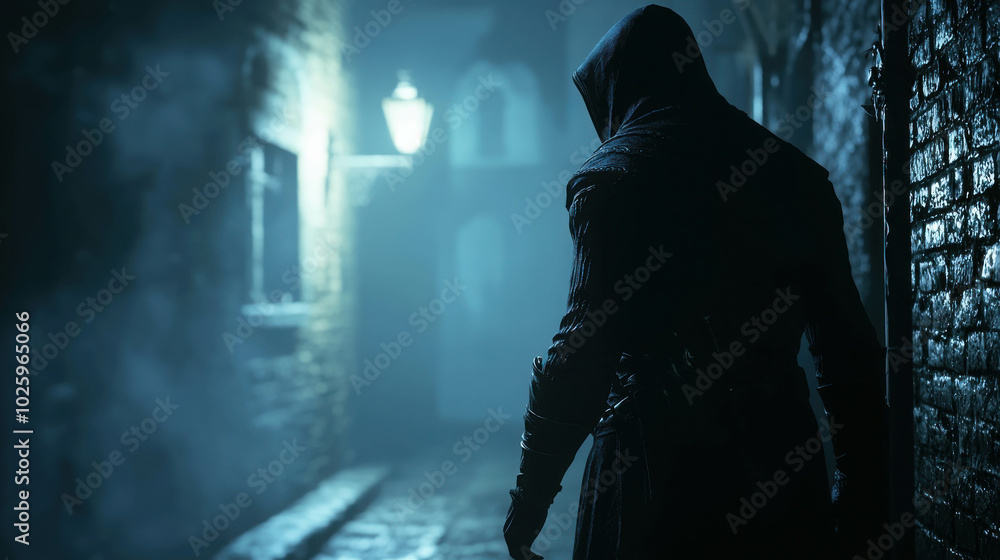 Shadow in the Alleyway: A mysterious figure cloaked in darkness, back to the camera, stands in a dimly lit alleyway, evoking a sense of intrigue and suspense. The atmosphere is thick with mystery. Shadow in the Alleyway: A mysterious figure cloaked in darkness, back to the camera, stands in a dimly lit alleyway, evoking a sense of intrigue and suspense. The atmosphere is thick with mystery.