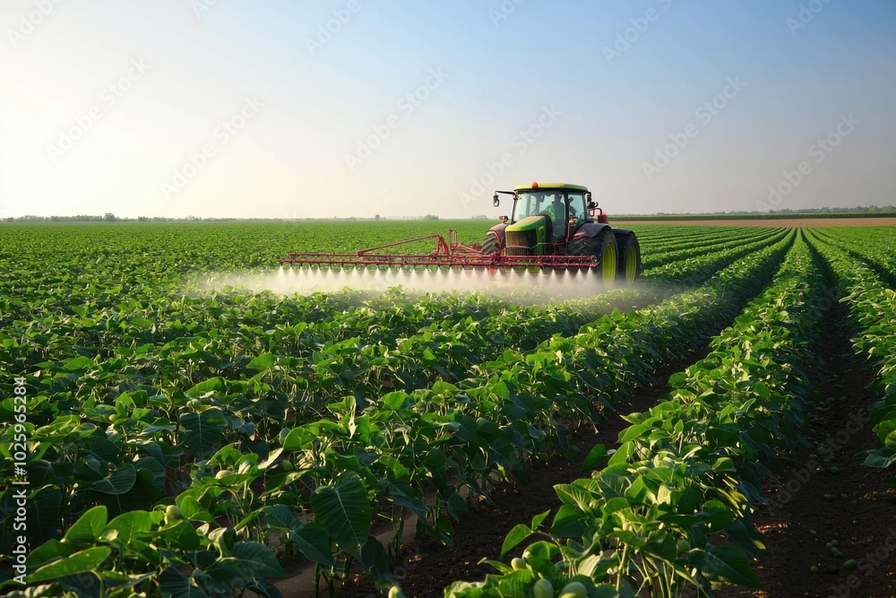 A tractor applies pesticides on a lush green field of crops under a clear sky. A tractor applies pesticides on a lush green field of crops under a clear sky.