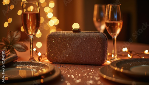 Chic Dinner Setup With Drinks and Sparkling Clutch at Night photo