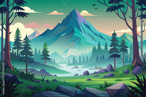 Foggy Landscape mountains, nature, sky, snow, forest, tree, winter, illustration, trees, peak, view, summer, pine, alps, travel, sunset, clouds, green, rock, Adobe Illustrator Artwork