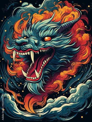 Fiery Blue Dragon with Open Mouth Surrounded by Smoke and Waves