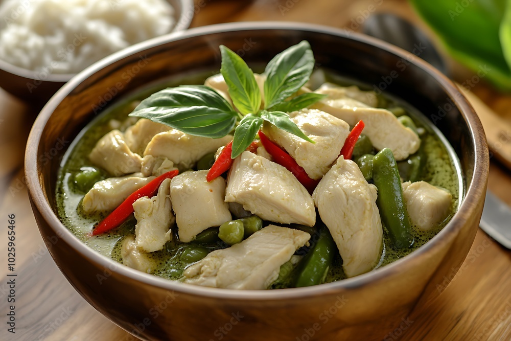 Delicious green curry chicken with fresh ingredients. Delicious green curry chicken with fresh ingredients.