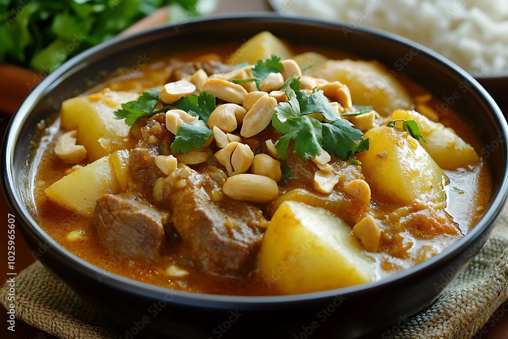 Delicious meat and potato dish with peanuts in a bowl Delicious meat and potato dish with peanuts in a bowl