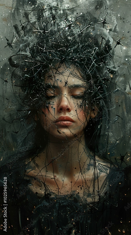 Abstract Portrait of a Woman with Closed Eyes and Disturbed Expression Abstract Portrait of a Woman with Closed Eyes and Disturbed Expression