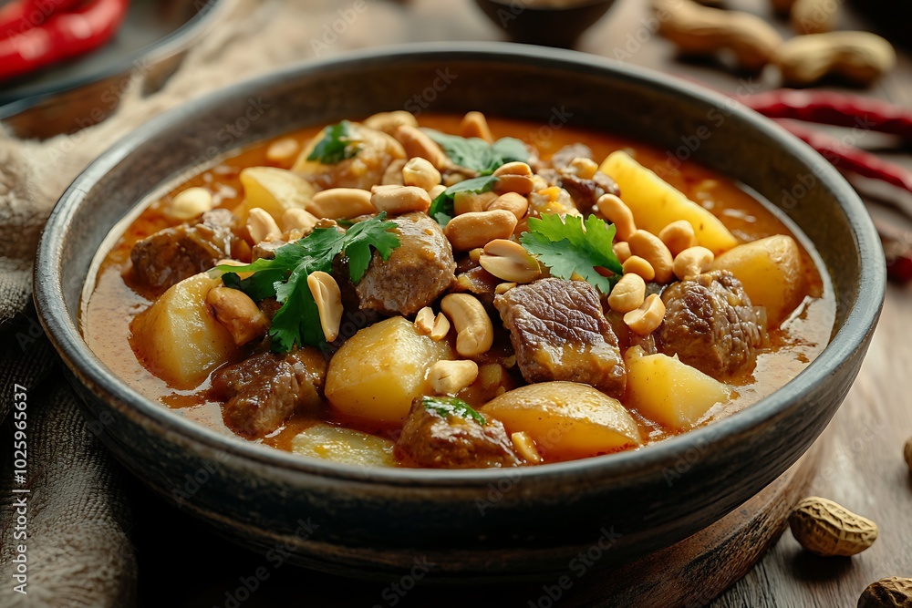 Delicious meat stew with potatoes and peanuts in a bowl. Delicious meat stew with potatoes and peanuts in a bowl.