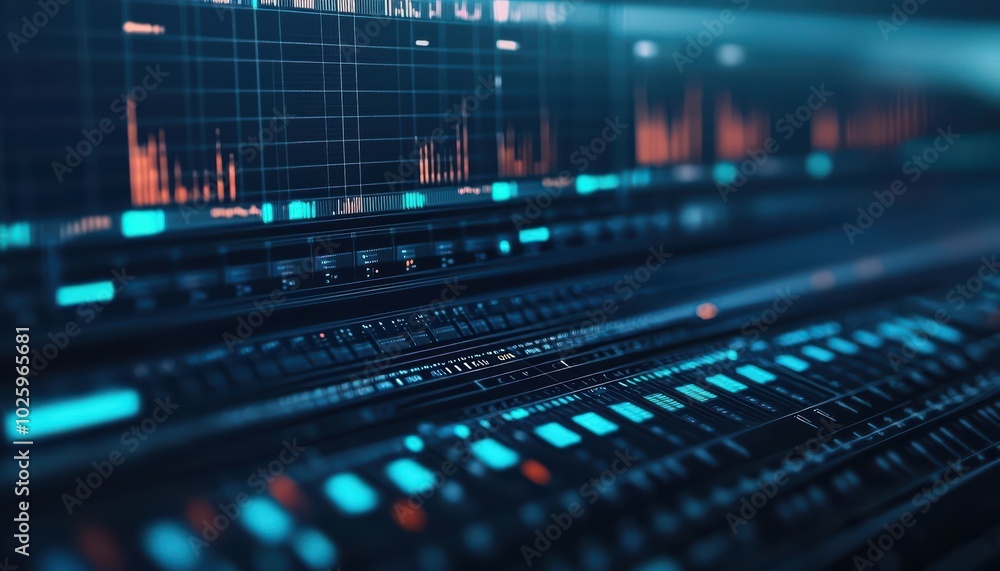 Futuristic audio interface with digital waveforms and vibrant lights on a dark background. Futuristic audio interface with digital waveforms and vibrant lights on a dark background.