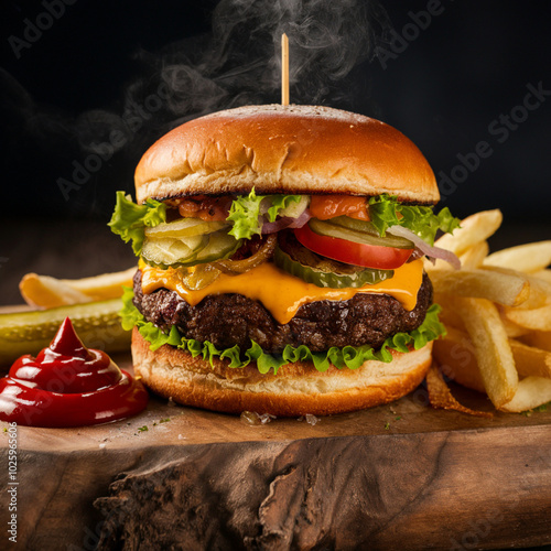 High angle view of Burger and french fries with cheese food photography poster background