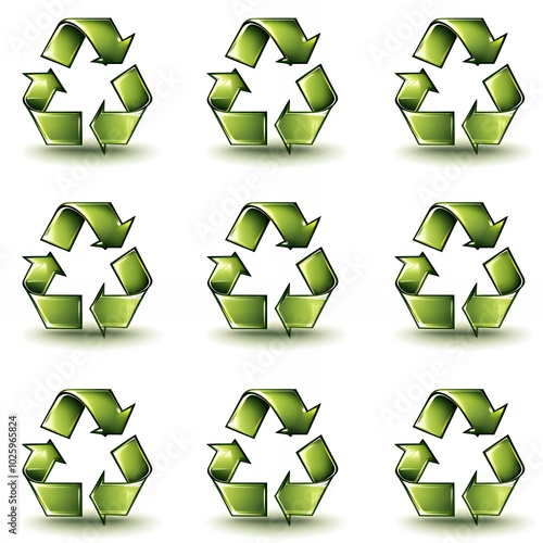 Nine glossy green recycle symbols on a white background.