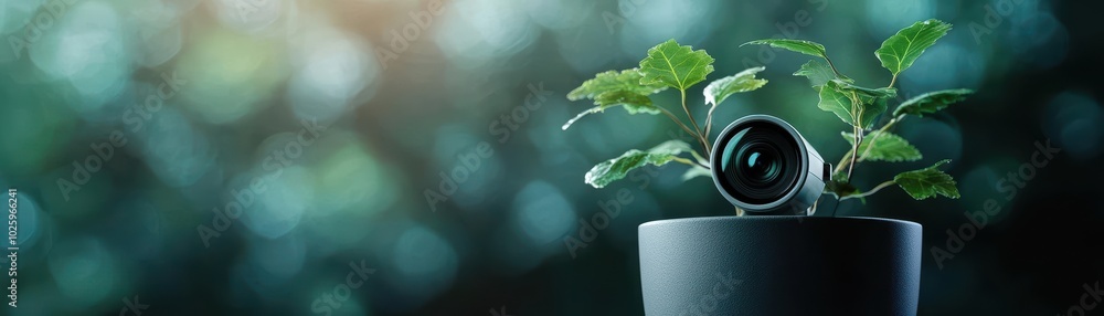 Green plant growing from a camera pot, symbolizing sustainability and innovation. Green plant growing from a camera pot, symbolizing sustainability and innovation.
