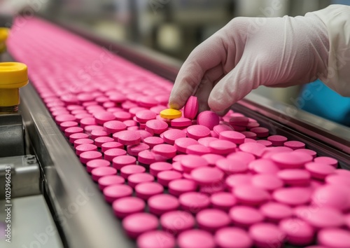 Worker inspecting vibrant pink tablets on a production line in a pharmaceutical facility