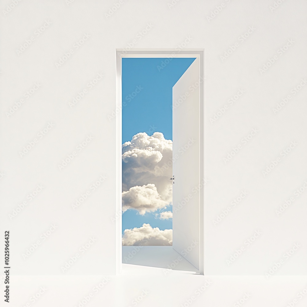 An open door revealing a bright sky with fluffy clouds, symbolizing opportunity, hope, and new beginnings against a stark white background. An open door revealing a bright sky with fluffy clouds, symbolizing opportunity, hope, and new beginnings against a stark white background.