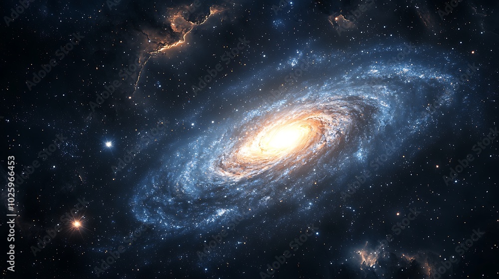 Galaxy spiral with stars and bright core, dark background Galaxy spiral with stars and bright core, dark background