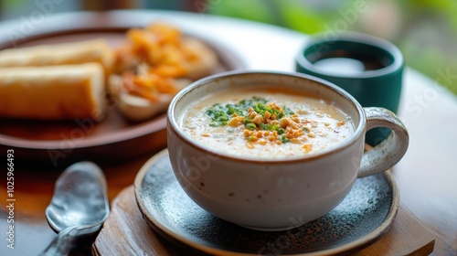 A close-up shot of patongko paired with a cup of warm soy milk, highlighting the comforting breakfast combination.