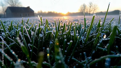 Frosty grass blades covered in morning dew, backlit by the warm sunrise, creating a tranquil and fresh atmosphere. Concept for nature, freshness, and mornings