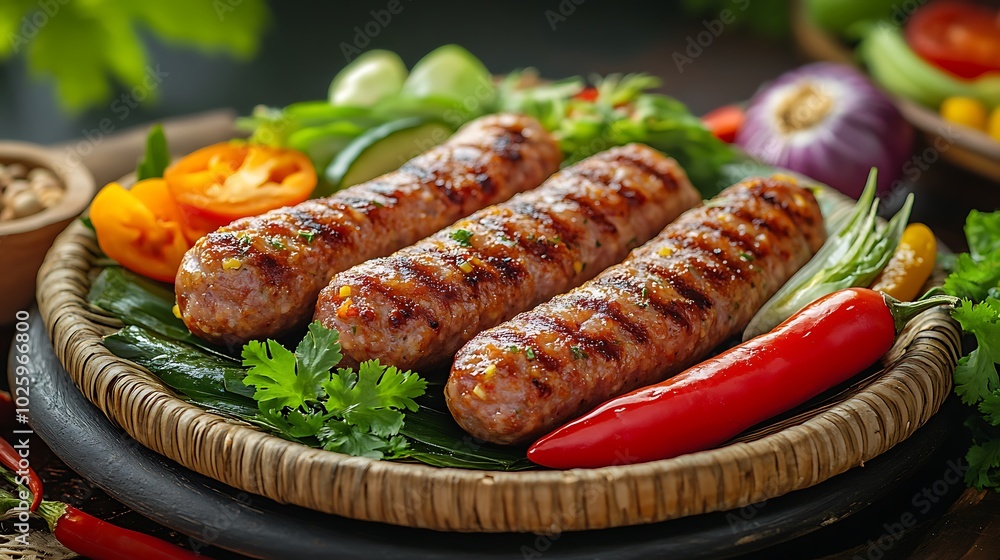 Grilled sausages served on a platter with fresh vegetables. Grilled sausages served on a platter with fresh vegetables.