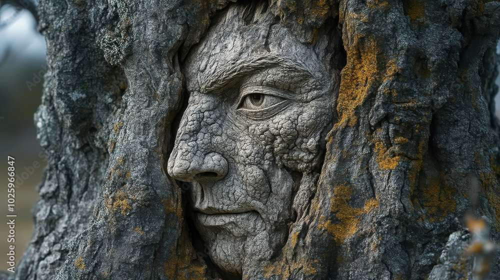 Ancient Wisdom: Carved Face in Tree Trunk Ancient Wisdom: Carved Face in Tree Trunk
