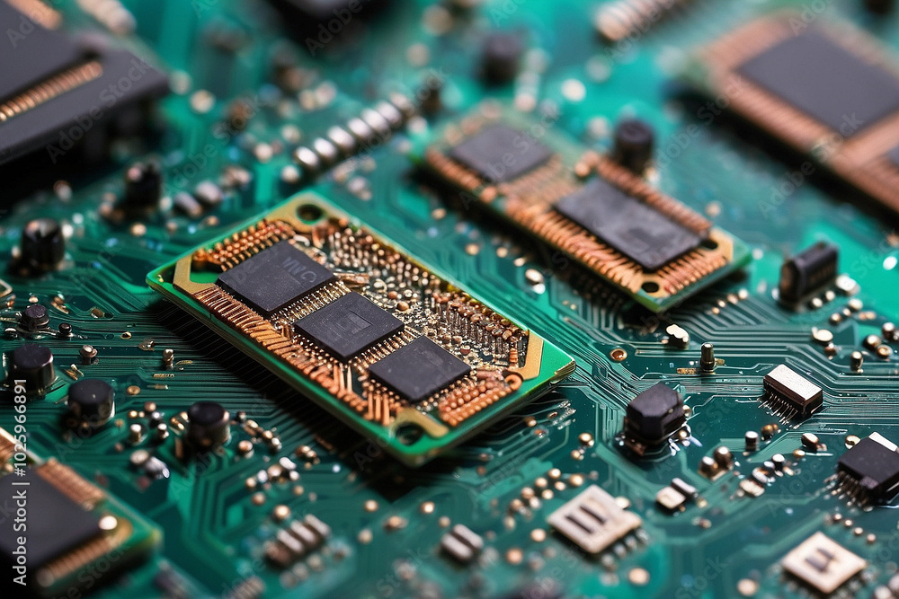 Detailed close-up of a green circuit board with intricate microchips and electronic components Detailed close-up of a green circuit board with intricate microchips and electronic components