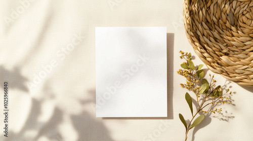 This elegant 5x7 invitation card mockup is displayed on a beige linen background with dried botanical accents and a rustic, woven basket. The minimalistic yet refined arrangement c