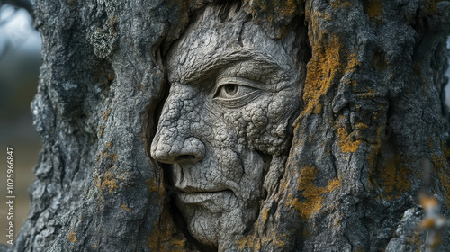 Ancient Wisdom: Carved Face in Tree Trunk 