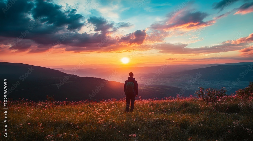 Fototapeta premium Silhouette of a person standing on a mountain top, enjoying the sunset with vibrant skies