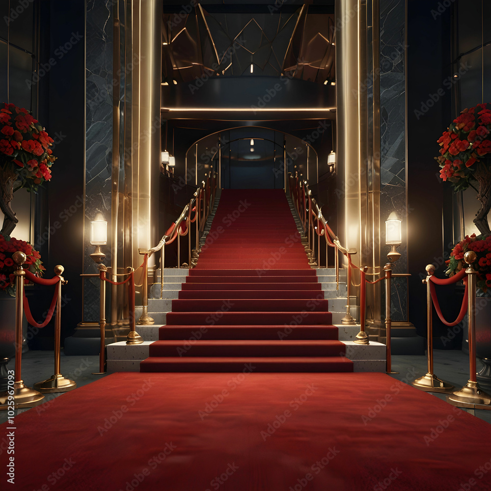 Obraz premium A luxurious VIP entrance featuring a red carpet, elegant decor, and opulent lighting,