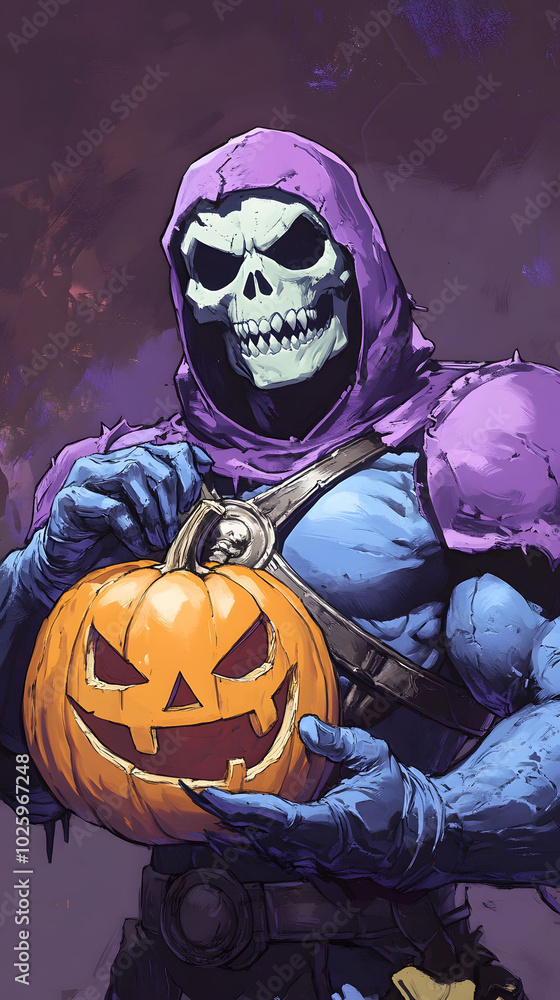 Skeletor Joyfully Embraces Halloween Spirit with a Grinning Pumpkin Skeletor Joyfully Embraces Halloween Spirit with a Grinning Pumpkin