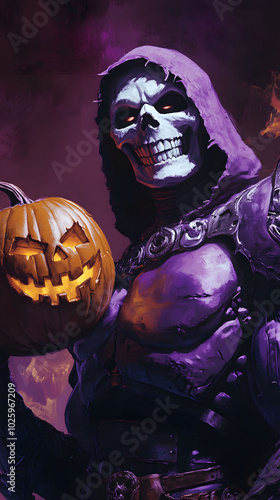 Skeletor Joyfully Embracing Halloween Spirit with a Grinning Pumpkin
