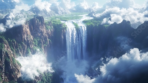 Majestic waterfall cascading into a lush green valley.