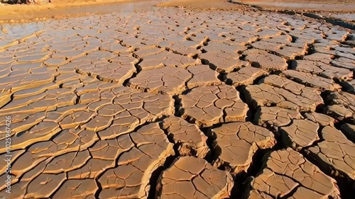 Cracked, dry mud texture under a warm sun, creating a parched and rugged landscape, symbolizing drought and extreme heat. Concept for climate, dryness, and environmental themes photo