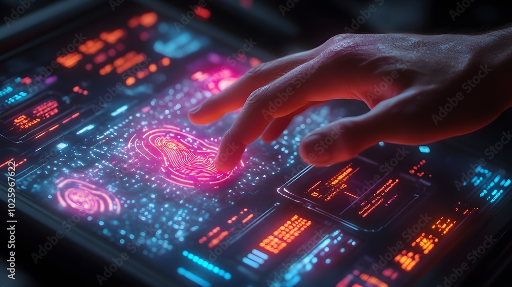 Close-up of futuristic hand gestures controlling a holographic screen, biometric fingerprints glowing as the digital interface reacts with vibrant data displays Close-up of futuristic hand gestures controlling a holographic screen, biometric fingerprints glowing as the digital interface reacts with vibrant data displays