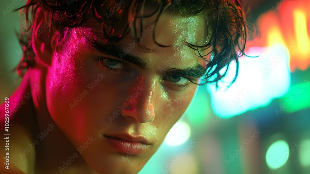Close-up shot of a young man with neon lights in the background, reflecting vivid greens and magentas on his skin, giving a cyberpunk vibe Close-up shot of a young man with neon lights in the background, reflecting vivid greens and magentas on his skin, giving a cyberpunk vibe