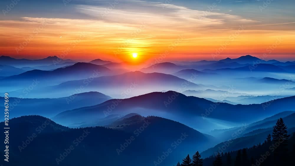 A scenic view of rolling hills and a distant sunrise over a valley A scenic view of rolling hills and a distant sunrise over a valley