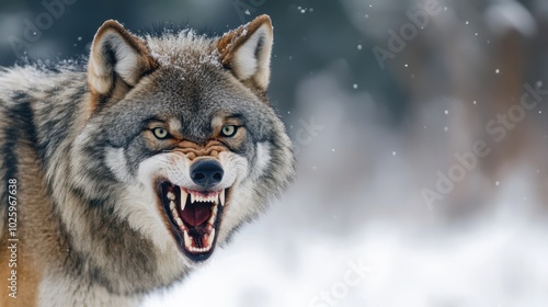 Fierce wolf showing sharp teeth in a snowy landscape representing wildlife and predator themes photo