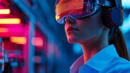 Close-up shot of a focused female engineer wearing a VR headset, interacting with holographic robot parts in a clean, advanced factory, neon glow, high-resolution digital illustration