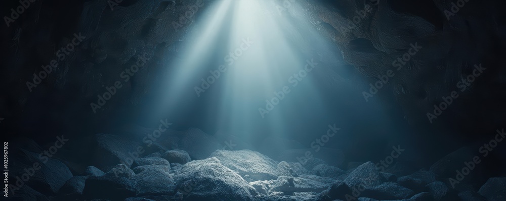 Mysterious light beams illuminating rocky cave interior, creating an ethereal atmosphere. Mysterious light beams illuminating rocky cave interior, creating an ethereal atmosphere.