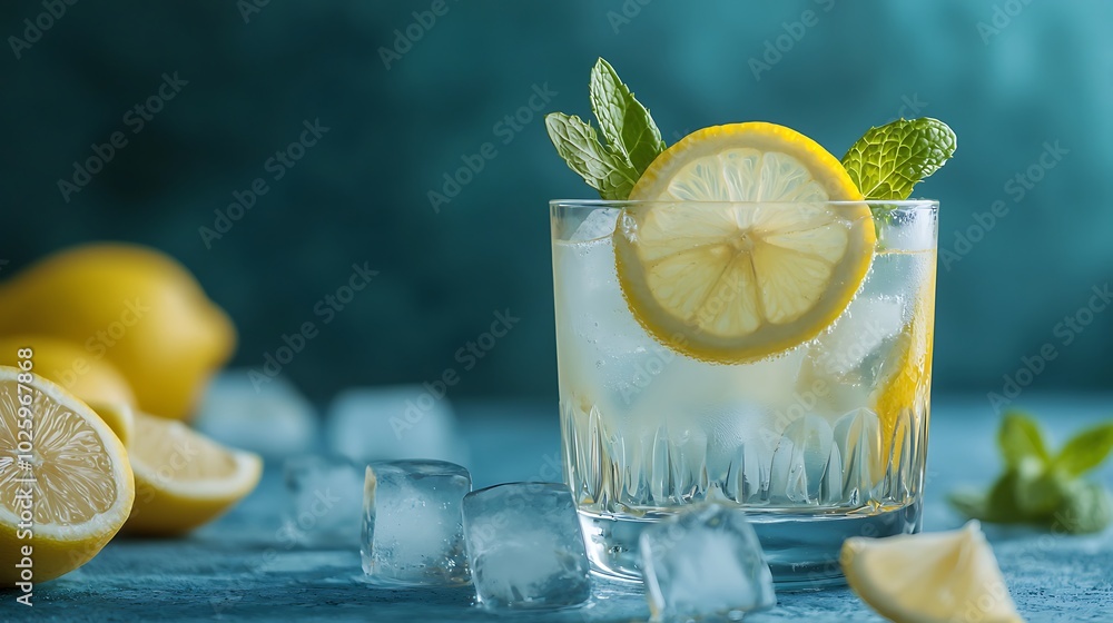 Refreshing lemonade with ice, mint, and lemon slice. Refreshing lemonade with ice, mint, and lemon slice.
