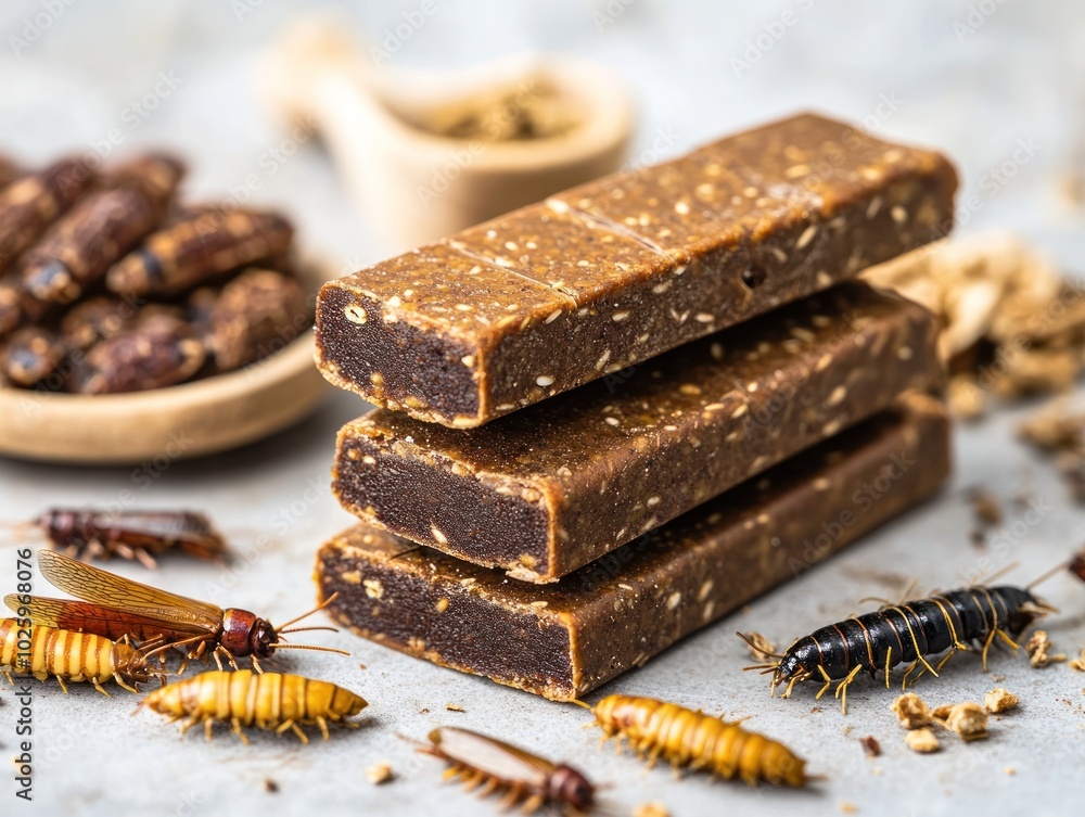 An innovative edible insect protein background, showcasing protein bars or powders made from crickets or mealworms, with a focus on sustainability and alternative protein sources An innovative edible insect protein background, showcasing protein bars or powders made from crickets or mealworms, with a focus on sustainability and alternative protein sources