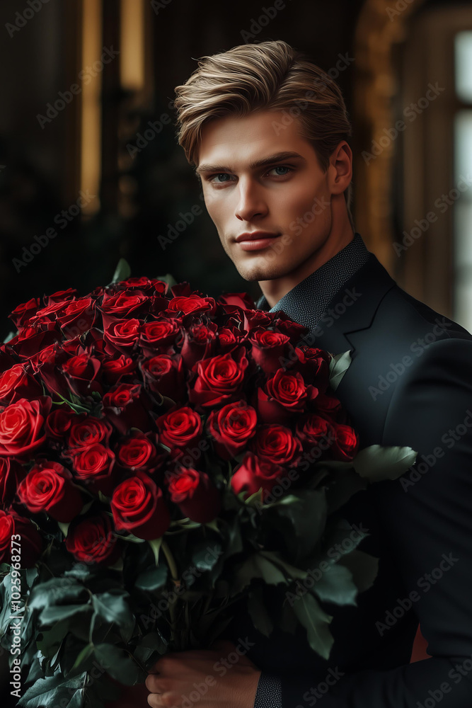 handsome blonde man , wearing a dark suit, holding a huge bouquet of red roses in a luxury mansion. The image has a Valentine's Day theme with a chic style
