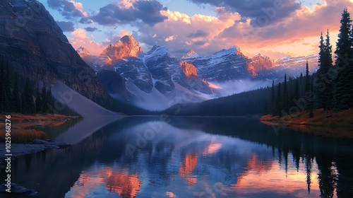 Scenic view of mountains reflecting in serene lake at sunset