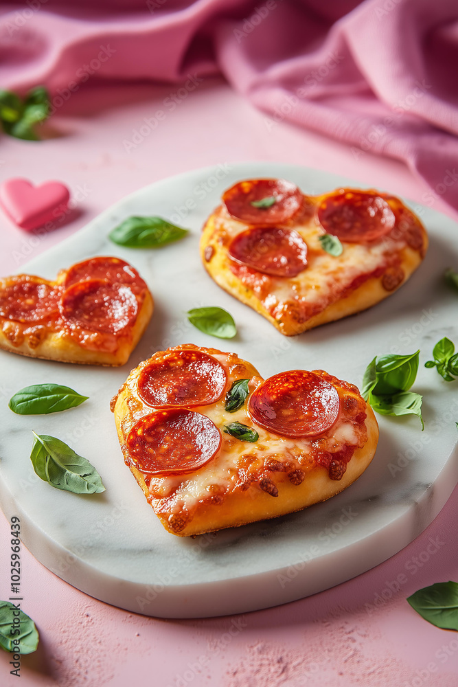 heart-shaped mini pizzas on a marble board, with pepperoni isolated on pastel pink background , in a Valentine's Day theme. heart-shaped mini pizzas on a marble board, with pepperoni isolated on pastel pink background , in a Valentine's Day theme.