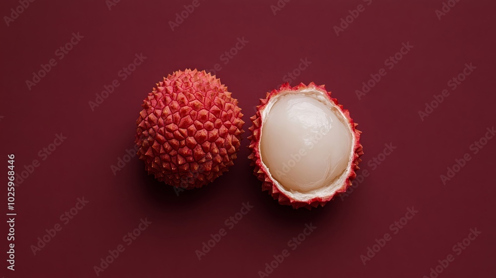 Fresh Lychee Fruit Halves Artfully Arranged on Maroon Background, Top View Fresh Lychee Fruit Halves Artfully Arranged on Maroon Background, Top View