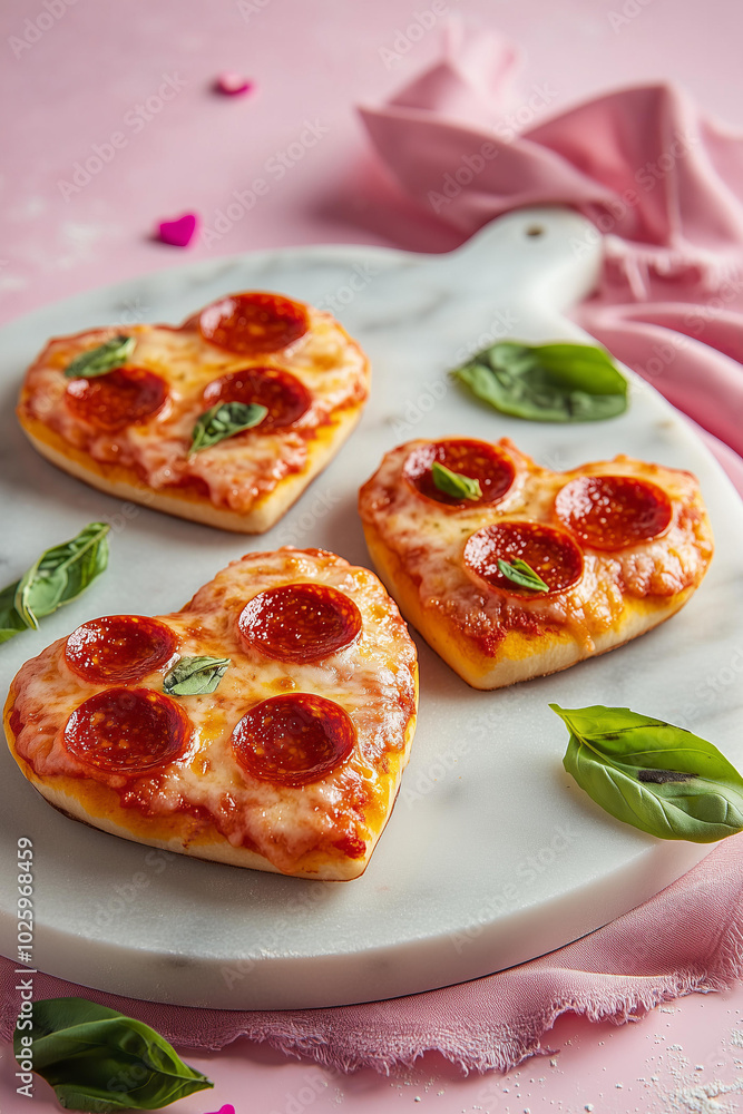 heart-shaped mini pizzas on a marble board, with pepperoni isolated on pastel pink background , in a Valentine's Day theme. heart-shaped mini pizzas on a marble board, with pepperoni isolated on pastel pink background , in a Valentine's Day theme.