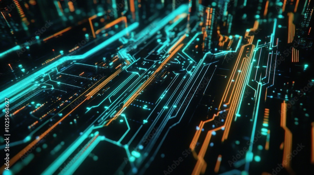 Abstract digital circuit design with glowing lines and nodes. Abstract digital circuit design with glowing lines and nodes.